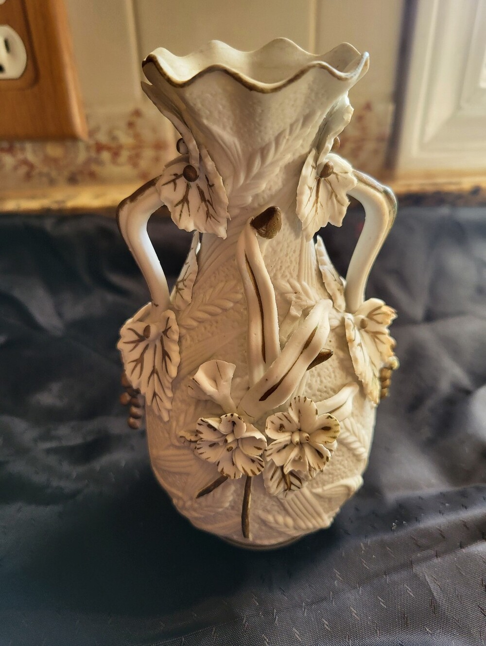Textured White Bisque Ceramic Floral 6 Inch Vase with Grapes And Wheat